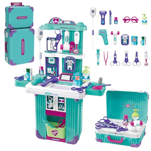 deAO Doktor Spielset Rollenspiel Kit, Kinder Arzt-Spielzeugkoffer, Tragbar Doktorkoffer mit Thermometer, Spritze, Medizinisches Spielzeug Geschenke für Kinder ab 3 (Grün) von deAO