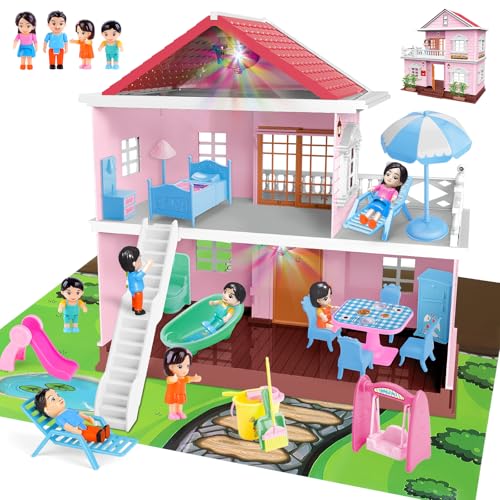 deAO Dollhouse, DIY Miniatur Puppenhaus, 2-stöckig Villa mit 4 Puppen, Reich Möbel - Staubsauger, Tisch, Kleiderschrank, Liegestuhl, Badewanne, Toilette, Schaukeln, Rutschen, Geschenke für Mädchen 3+ deAO Dollhouse, DIY Miniatur Puppenhaus, 2-stöckig Villa mit 4 Puppen, Reich Möbel - Staubsauger, Tisch, Kleiderschrank, Liegestuhl, Badewanne, Toilette, Schaukeln, Rutschen, Geschenke für Mädchen 3+ von deAO