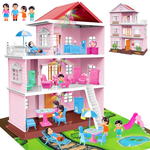 deAO Dollhouse, DIY Miniatur Puppenhaus, 3-stöckig Villa mit 4 Puppen, Reich Möbel - Staubsauger, Tisch, Kleiderschrank, Liegestuhl, Badewanne, Toilette, Schaukeln, Rutschen, Geschenke für Mädchen 3+ deAO Dollhouse, DIY Miniatur Puppenhaus, 3-stöckig Villa mit 4 Puppen, Reich Möbel - Staubsauger, Tisch, Kleiderschrank, Liegestuhl, Badewanne, Toilette, Schaukeln, Rutschen, Geschenke für Mädchen 3+ von deAO