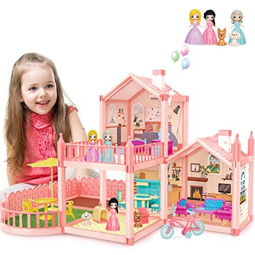 deAO Dollhouse, Puppenhaus Spielzeug-Set, Rosa Villa doll house mit 3 Zimmer, 2 Etagen, Freiluftbalkon, 3 Puppen Figuren,17 Möbelstücken und Zubehör,Geschenk für Kinder Mädchen, Liebhaber der Sammlung von deAO