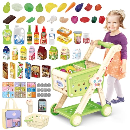 deAO Einkaufswagen für Kinder,Trolley Spielset Kaufmannsladen mit Vorgetäuschten Lebensmitteln und Zubehör Vorgetäuschtes Spiel und Rollenspiele für Jungen und Mädchen ab 3 | Grün von deAO