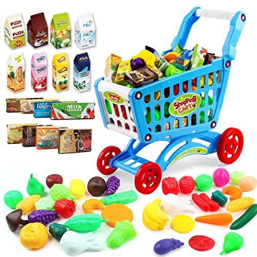 deAO Kinder Einkaufswagen Spielset Gefüllt mit 76 Kuststofflebensmitteln Spielzeug für Jungen und Mädchen (Blau) von deAO