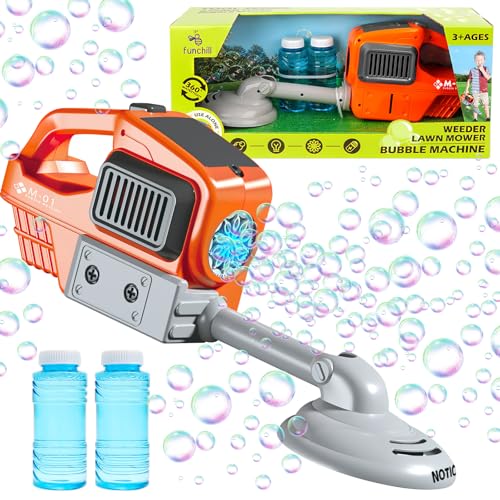 deAO Elektrische Seifenblasenmaschine, Kinder Rasentrimmer Bubble Machine mit 200ml Seifenblasenwasser, Geräusch, LED Licht, Sommer Gartenspielzeug Outdoor Spielzeug für Kinder ab 3 Jahre (Orange) von deAO