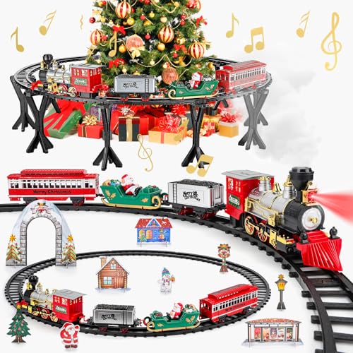 deAO Elektrische Zug Spielzeug, Weihnachtszug Eisenbahn Set Mit Ständer, Eisenbahn Kinder Elektrisch für Weihnachtsbaum, Dampfzug Spielzeug mit Schienen, Licht & Geräuschen, Geschenk für Kinder von deAO