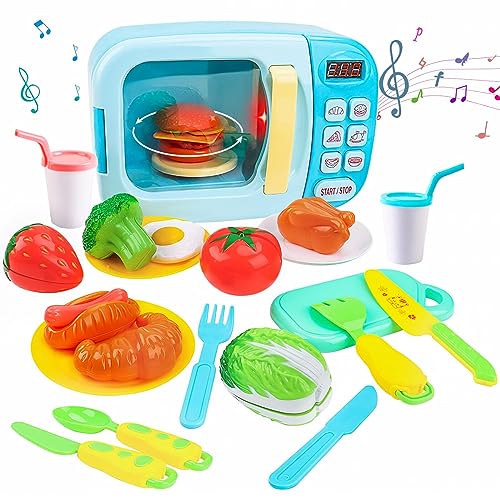 deAO Spielzeug-Mikrowelle mit realistischem Licht, Sound und Lebensmittel-Schneidstücken im Lieferumfang enthalten, ideal für Kinder im Alter von 3, 4, 5, 6 Jahren, Mädchen, Jungen von deAO