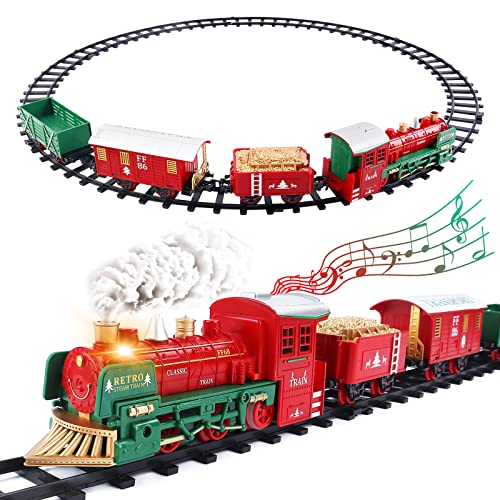 deAO Elektrisches Spielzeug Züge, Weihnachtszug Eisenbahn Schienen Zug Set Batterielok mit Licht Sound und Dampf, Eisenbahn Zug Spielzeug mit Zuggleis und 3 Zugwaggons, Weihnachtszug Set für Kinder von deAO