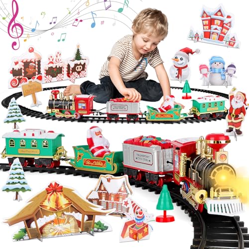 deAO Elektrisches Spielzeug Züge, Weihnachtszug Eisenbahn Schienen Zug Set Batterielok mit Licht und Sound, Eisenbahn Zug Spielzeug mit Zuggleis und 4 Zugwaggons, Weihnachtszug Set für Kinder deAO Elektrisches Spielzeug Züge, Weihnachtszug Eisenbahn Schienen Zug Set Batterielok mit Licht und Sound, Eisenbahn Zug Spielzeug mit Zuggleis und 4 Zugwaggons, Weihnachtszug Set für Kinder von deAO