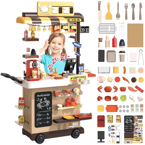 deAO Fast-Food Kaufladen Spiel mit Sound inkl, Multifunktional Küchenspielset für Kinder, 88PCS Gemüse, Küchengeräte, Registrierkassen, Kaffeemaschine und Mehr Zubehör, für Kinder ab 3 Jahren (Braun) von deAO