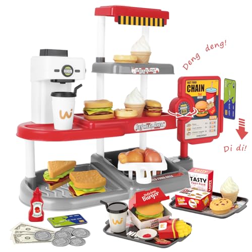 deAO Fast Food Kaufladen Spiel mit Sound inkl. Realistischer Chip Burger Pommes Brathähnchen, Spielgeld, Kaffeemaschine mit Auslassfunktion, Fast Food Restaurant Kinder für Rollenspiele Ab 3+ von deAO