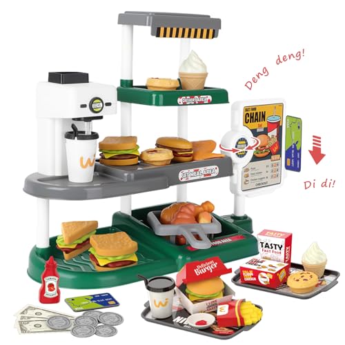deAO Fast Food Kaufladen Spiel mit Sound inkl. Realistischer Chip Burger Pommes Brathähnchen, Spielgeld, Kaffeemaschine mit Auslassfunktion, Fast Food Restaurant Kinder für Rollenspiele Ab 3+ von deAO