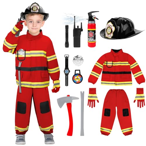 deAO Feuerwehr Kostüm Set für Kinder, 12 Teiliges Feuerwehr Rollenspiel Set mit Feuerlöscher Jackenanzug Helm Walkie-Talkie, Feuerwehrchef Cosplay für Kinder Jungen Mädchen Karneval Halloween- 2T von deAO