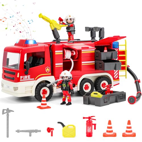 deAO Feuerwehrauto Spielzeug für Kinder, Groß Feuerwehr Spielzeugauto mit Sirene und Lichtern, Toys Feuerwehrmann, Modell Wasserpistole, Feuerlöscher, Geschenke Set für Jungen Mädchen ab 4 Jahren von deAO