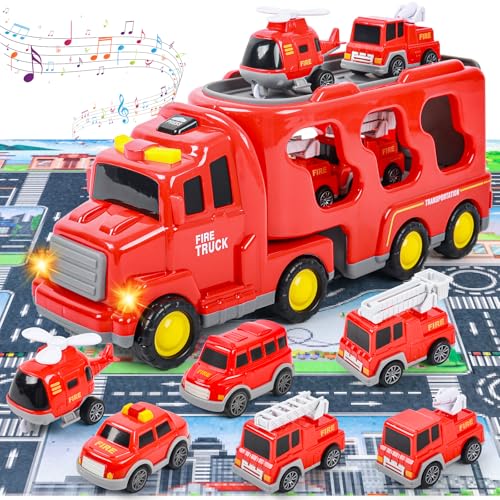 deAO Feuerwehrauto Spielzeugset mit Licht & Musik, 7 IN1 Feuerwehr Spielzeug mit 6 Mini-Autos und 1 Karte (70x78,5cm), Feuerwehrfahrzeuge Weihnachts- und Geburtstagsgeschenke für Kinder ab 3 Jahren von deAO