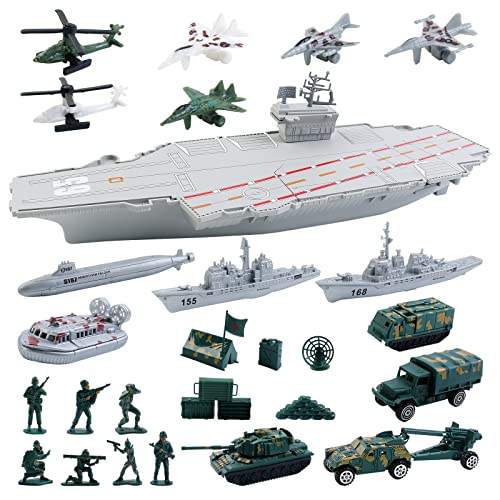 deAO Flugzeugträger Spielset, Flugzeugträger und Schlachtschiff Modell mit Militärflugzeuge, Hubschrauber, Schlachtschiff, Militär LKW, Armee Männer Actionfiguren, Assault Ship Armee Spielzeug Kinder von deAO