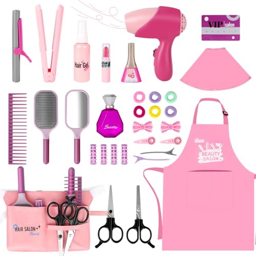 deAO Friseur Set Kinder Mit Haartrockner, Lockenstab, Kamm, Spiegel, Schürze und Friseursalon Zubehör, Frisör Spielzeug Mädchen Ab 3 4 5 6 7 8 Jahre, Puppenzubehör (Rosa) von deAO