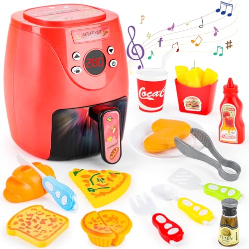 deAO Fritteuse, Heißluftfritteuse für Kinder mit Sound,Licht, Anzeige der Temperatur, Farbwechselndes Lebensmittelzubehör,Little Chef Grill-Spielset, Rollenspielsets Kinder Zubehör für Küchenspielzeug von deAO