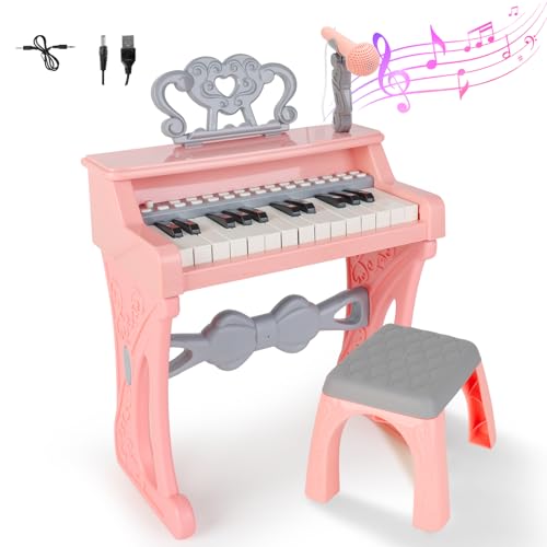 deAO Girls Standkeyboard, Klavier Keyboard Kinder Digital Piano mit Notenständer, Mikrofon, Hocker, Record & Play Funktion, 25 Tasten 22 Demos 6 Rhythmen Elektronische Musik Klavier für Kinder (Pink) von deAO