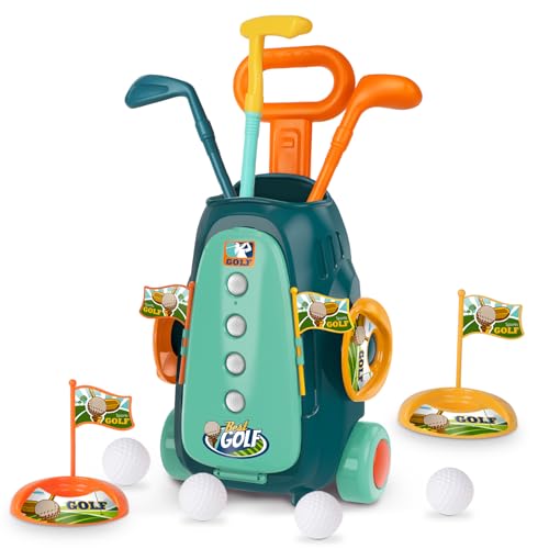 deAO Golf Set Spielzeug für Kinder, Tragbares Sporting Golf-Set Kinder Golf Clubs Golfset mit 3 Golfschlägern 4 Bällen 2 Übungslöchern, Golfbällen Wagen Kinder Golfkoffer Jungen, Mädchen von deAO