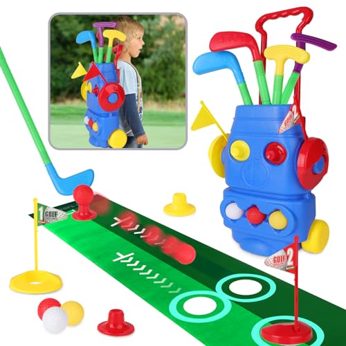 deAO Golf Set Spielzeug für Kinder, Tragbares Sporting Golf-Set Kinder Golf Clubs Golfset mit 4 Golfschlägern 3 Bällen Putting Matte Übungslöchern, Golfbällen Wagen Kinder Golfkoffer Jungen, Mädchen von deAO