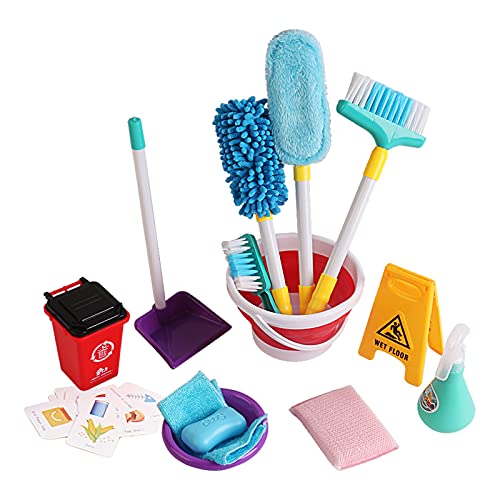 deAO Haushaltsreinigungsspielset mit einem Besen, EIN Mülleimer, einen Warnschild und noch viel Zubehör – Einer Großer Spaß für Ihre Kinder von deAO