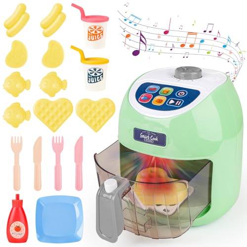 deAO Heißluftfritteuse Kinder, Realistisch Touchscreen AirFryer mit Farbverändernde Lebensmittel, Sound und Licht, Gewürzspielzeug, Rollenspiele Küchenspielzeug für Jungen Mädchen ab 3 Jahren, Grün von deAO