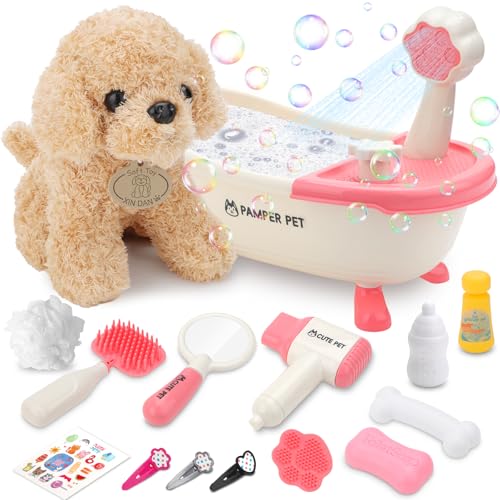 deAO Hund Spielzeug Kinder, Interaktives Pflegeset mit Waschbarem Plüschhund, Badewanne, Sprüh-Dusche & Zubehör, Tierarzt Rollenspiel für Mädchen & Jungen ab 3 4 5 6 Jahre von deAO