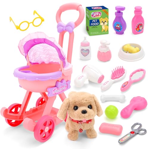 deAO Hundesalon Spielzeug Set, Elektrischer Hund Der Läuft Und Bellt mit Spielzeugwagen, Rollenspiel Elektrischer Hund Interaktives Haustier Geburtstag Geschenke für Kinder 3 4 5 Jahr von deAO