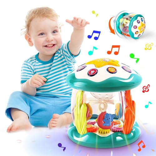 deAO Interaktives Babyspielzeug mit Musik und Licht, Karussell Musikspielzeug Trommel Drehender Projektor Kinderspielzeug, Musikalische Sensorik Krabbelspielzeug für Babys 1 Jahr Mädchen Junge von deAO