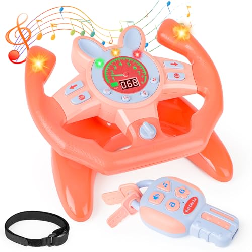 deAO Interaktives Lenkrad Spielzeug für Kinder mit Autoschlüssel, 360° Rotation Kinder Simulierter Fahrsimulator Autofahrt Lernspielzeug mit Lichtern Geräuschen Pädagogisches Geschenk für Kleinkinder von deAO