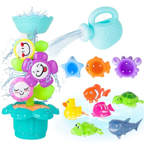 deAO Badespielzeug für Kinder, lustiges Blumen-Sprinkler-Spielzeug mit Gießkanne, Wasserrad und farbigen Stapelbechern; aufziehbares Tier-Badespielzeug und Netz-Badespielzeug-Aufbewahrungstasche von deAO