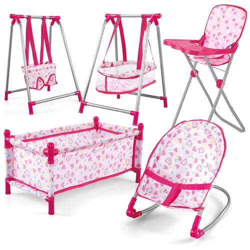 DeAO 5-in-1-Baby-Set mit Bett, Hochstuhl, Schaukel und Schaukelstuhl, Spielzeug (Puppe Nicht im Lieferumfang enthalten) von deAO