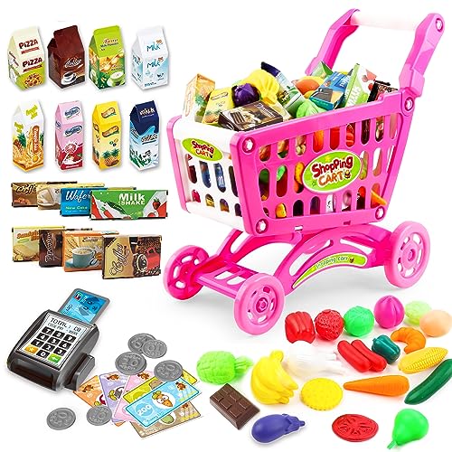 deAO Kinder Einkaufswagen Spielset, Gefüllt mit mehr als 50 Kunststoff Lebensmitteln Spielzeug für Jungen und Mädchen von deAO