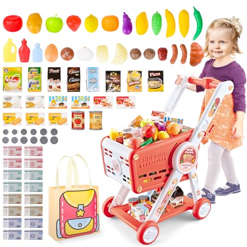 deAO Kinder-Einkaufswagen Trolley Spielset mit vorgetäuschten Lebensmitteln und Zubehör Lebensmittel-Einkaufswagen vorgetäuschtes Spiel und Rollenspiele (Rosa) von deAO