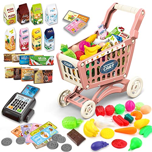 deAO Kinder Einkaufswagen Wagen für Lebensmittel Kleinkinder 65 Lebensmittel Obst Gemüse Pretend Play Lebensmittel Rolle Spielen Pädagogisches Spielzeug Spielen Küche Spielzeug Speichern Playset (Rot) von deAO