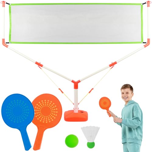 deAO Kinder Federballset mit Badminton Netz, Kinder Tennisschläger, Badminton Racket Spielzeug mit 1 Federball, 1 Weiche Trainingsbälle, Tennisschläger Geschenkset für Kinder Outdoor Indoor Sport von deAO