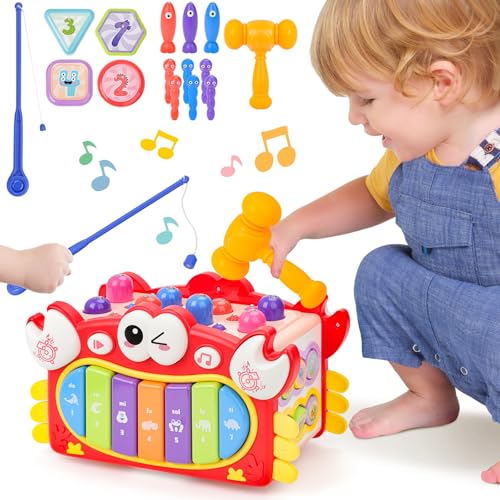 deAO Kinder Musikalischer Krabbe Spielzeug, Montessori Spielzeug, Baby Musik Lernspielzeug mit Xylophon Kinder, Hammerspiel, Angelspiel, Tiergeräuschen, Musik & Licht, Geschenk für Junge Mädchen von deAO