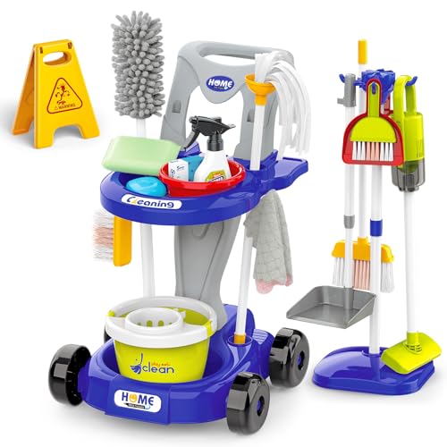 deAO Kinder Putzwagen ab 2 3 Jahre mit Wischmop, Eimer, Besen, Staubsauger, Bürsten, Kehrschaufel, Handfeger, Reinigungswagen Set, Rollenspiel Haushaltsspielzeug, Cleaning Toy (Blau) von deAO