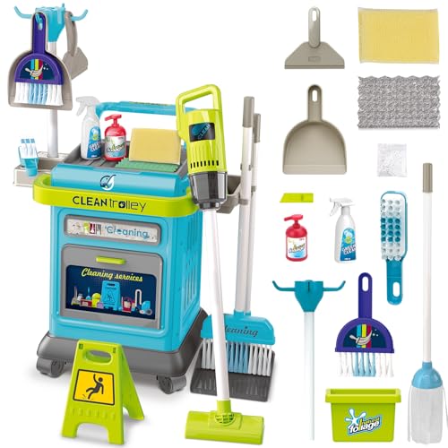 deAO Kinder Putzwagen ab 3 4 5 Jahre mit Wischmop, Eimer, Besen, Staubsauger, Bürsten, Kehrschaufel, Handfeger, Reinigungswagen Set, Rollenspiel Haushaltsspielzeug, Cleaning Toy (Blau) von deAO