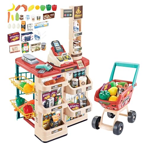 deAO Spielset für Kinder, Supermarkt, mit Einkaufswagen und mehr als 20 Spielzubehör enthalten, Rot von deAO