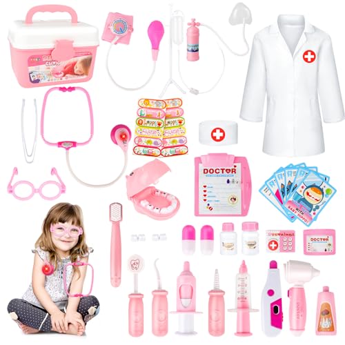 deAO Kinder-Rollenspielset für Zahnärzte, Chirurgen und Tierärzte, 30 Teile mit Licht und Ton, einschließlich elektronischem Stethoskop, Laborkappe und medizinischen Spielgeräten (Pink) von deAO