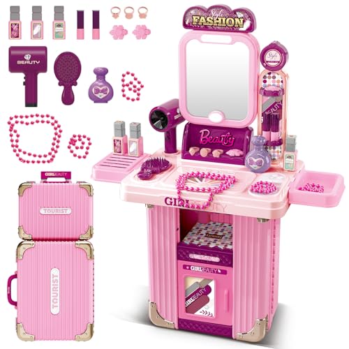 deAO Kinder Schminktisch für Mädchen, 2 in 1 Kinderschminktisch Frisiertisch mit Musik & Licht 18 Stücke Princess Schönheitsstudio Kinderschminke Friseur Set für Kinder ab 3 Jahren von deAO