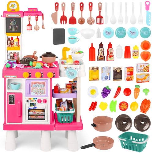 deAO Kinderküche Spielküche mit Wasserfunktion & Dampf, 54 Stck. Höhenverstellbar Küchenspielset mit Licht, Sound, Küche Kinder Beidseitig Bespielbar mit Zubehör & Spüle für Kinder ab 3 Jahren | Rosa von deAO