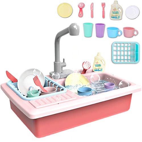 deAO Kinderspielset Pretend Kitchen Sink mit simuliertem Wasserhahn und enthaltenem Küchenzubehör - Rot von deAO