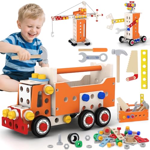 deAO Kinderwerkzeug Montessori Holzspielzeug, 124 Stück Werkzeugkasten Kinderwerkzeugset, Werkzeugwagen Werkzeugkran Werkzeug-Roboter Kinder Montessori Bildungsspielzeug Baukit Lernspiele ab 3 Jahre von deAO