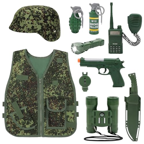 deAO Kostüm Soldat Kinder, Militärsoldat Tarnung Kostüm Set mit Helm, Fernglas, Spielzeugpistole, Spielzeuggranaten, Zubehör für Militärsoldaten, Rollenspiel Set- Ideal für Kinder 3-10 Jahre deAO Kostüm Soldat Kinder, Militärsoldat Tarnung Kostüm Set mit Helm, Fernglas, Spielzeugpistole, Spielzeuggranaten, Zubehör für Militärsoldaten, Rollenspiel Set- Ideal für Kinder 3-10 Jahre von deAO