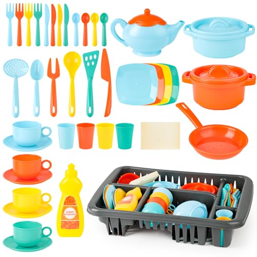deAO Kinderküchen-Set mit Geschirr, Besteck, Topfset & Abtropfständer – 41-teiliges Kochgeschirr Spielküche Zubehör für Rollenspiele ab 3 Jahren – Küchenspielzeug Geschenk für Kinder von deAO