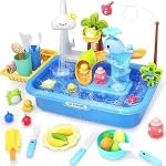 deAO Spielspüle mit Fließendem Wasser, Spielspüle Spielzeug mit Elektrischem Wasserhahn, 2-in-1 Küchenspiel & Angelspiel, Küchen-Set mit aufgerüstetem Wasserhahn, Kinder Geschenk ab 3 Jahren (Blau) von deAO