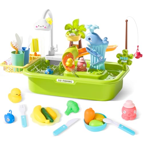 deAO Küchenspüle Spielzeug Set, Wasserbecken Spielzeug Set mit Wasserhahn, Niedlich Spielspüle mit fließendem Wasser, Obst-Schneiden, Schwimmendes Angelspielzeug für Das Wasserspiel für Kinder (Grün) deAO Küchenspüle Spielzeug Set, Wasserbecken Spielzeug Set mit Wasserhahn, Niedlich Spielspüle mit fließendem Wasser, Obst-Schneiden, Schwimmendes Angelspielzeug für Das Wasserspiel für Kinder (Grün) von deAO