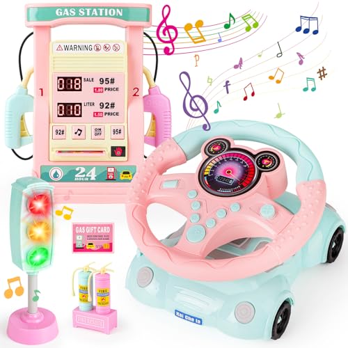 deAO Lenkrad Spielzeug und Tankstelle Spielset Tankstelle mit Sound und Licht, inkl. Feuerlöscher, Geschenkkarten, Spielgeld, Musikalische Spielzeuge für Babies, Rolspiele Kinder (Rosa) von deAO