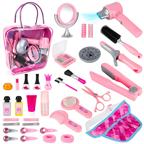 deAO Mädchenschönheitssalon-Set 35-teilig, Spielen Sie Friseurspielzeug-Kit mit Fön, Spiegel, Lockenstab und Anderen Accessoires, Kinder-Mode-Schneidespiel Make-up-Set für Geburtstag Weihnachten von deAO